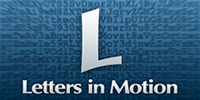 The Letters in Motion app logo, a large white L over a field of blue letters.