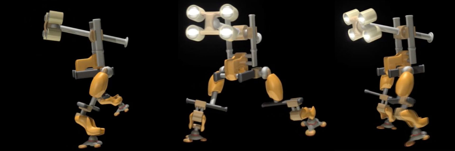 Three poses of a bipedal robot character mid-walk, rendered against a black background.